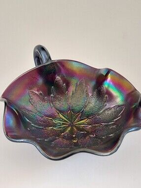 Antique Dugan Amethyst Carnival Glass Leaf Rays Ruffled Nappy Bowl